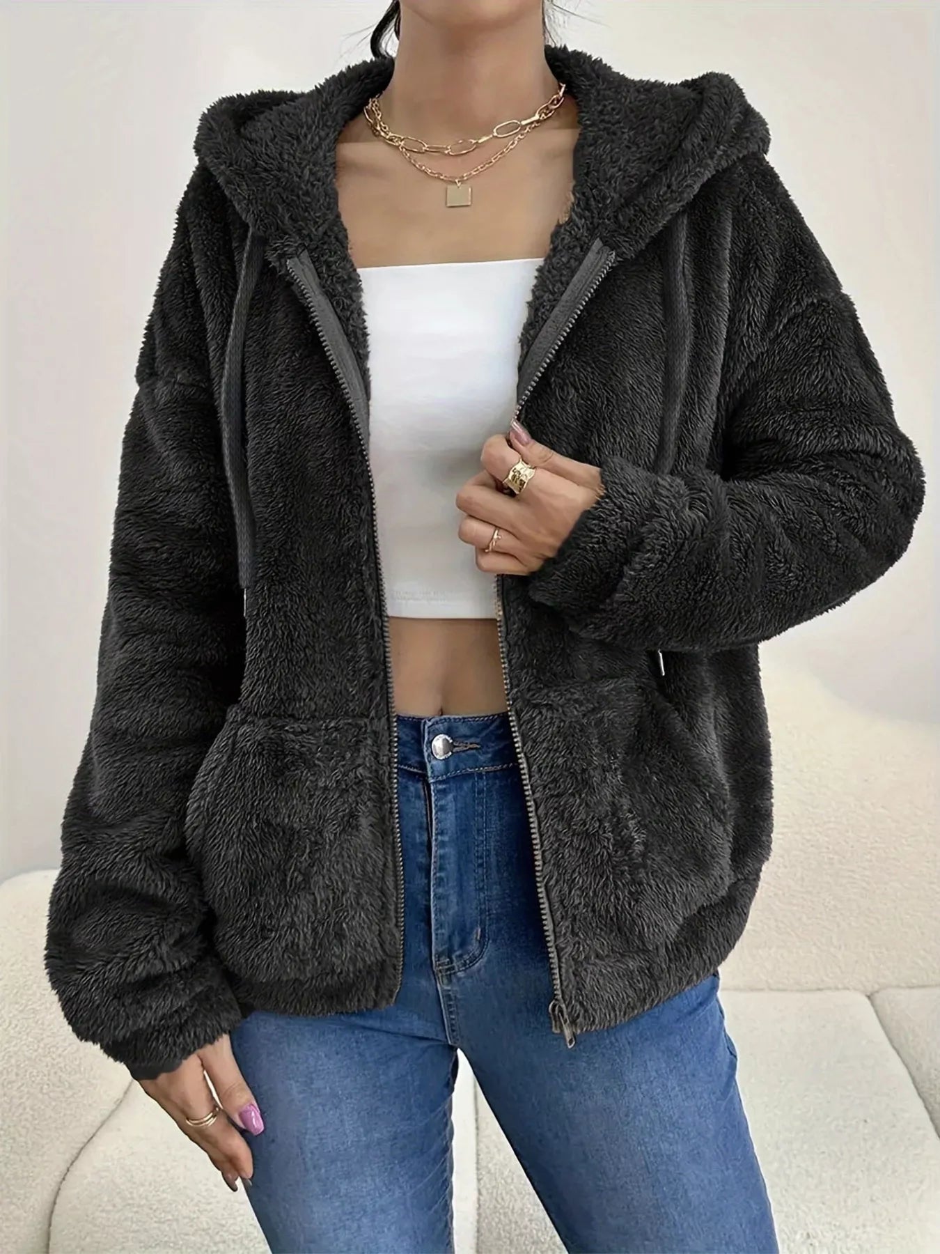 Drawstring fleece zip-up jacket — additional view 4