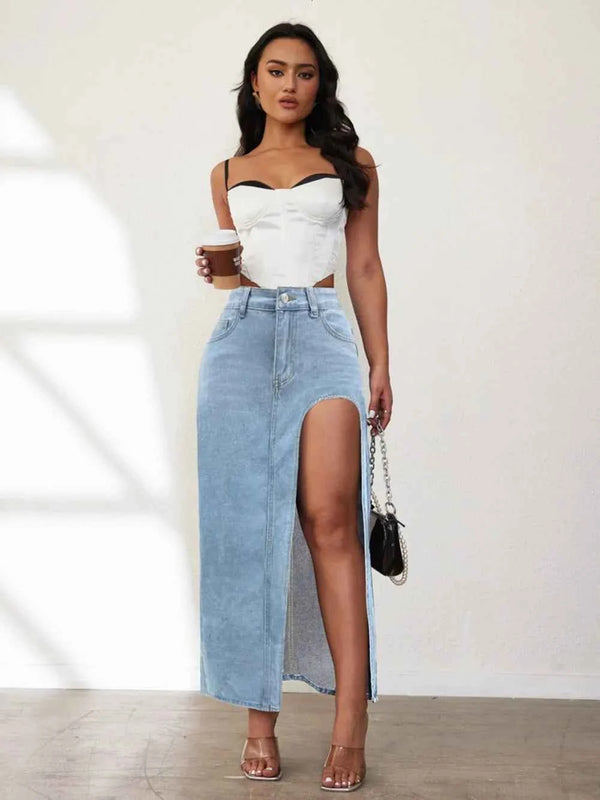 High-rise denim skirt with side slit — additional view 6