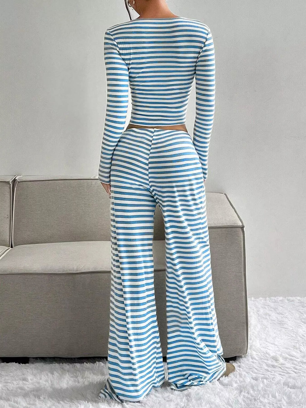 Striped Long Sleeve Crop Top & Wide Leg Pants Set view 2