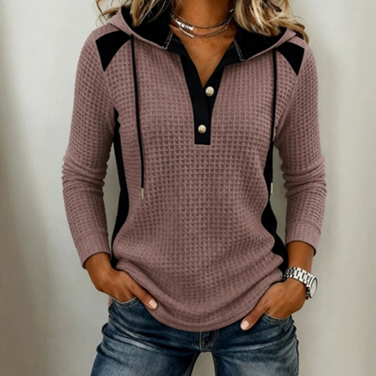Women's Waffle Knit Hoodie Sweatshirt-Splashis