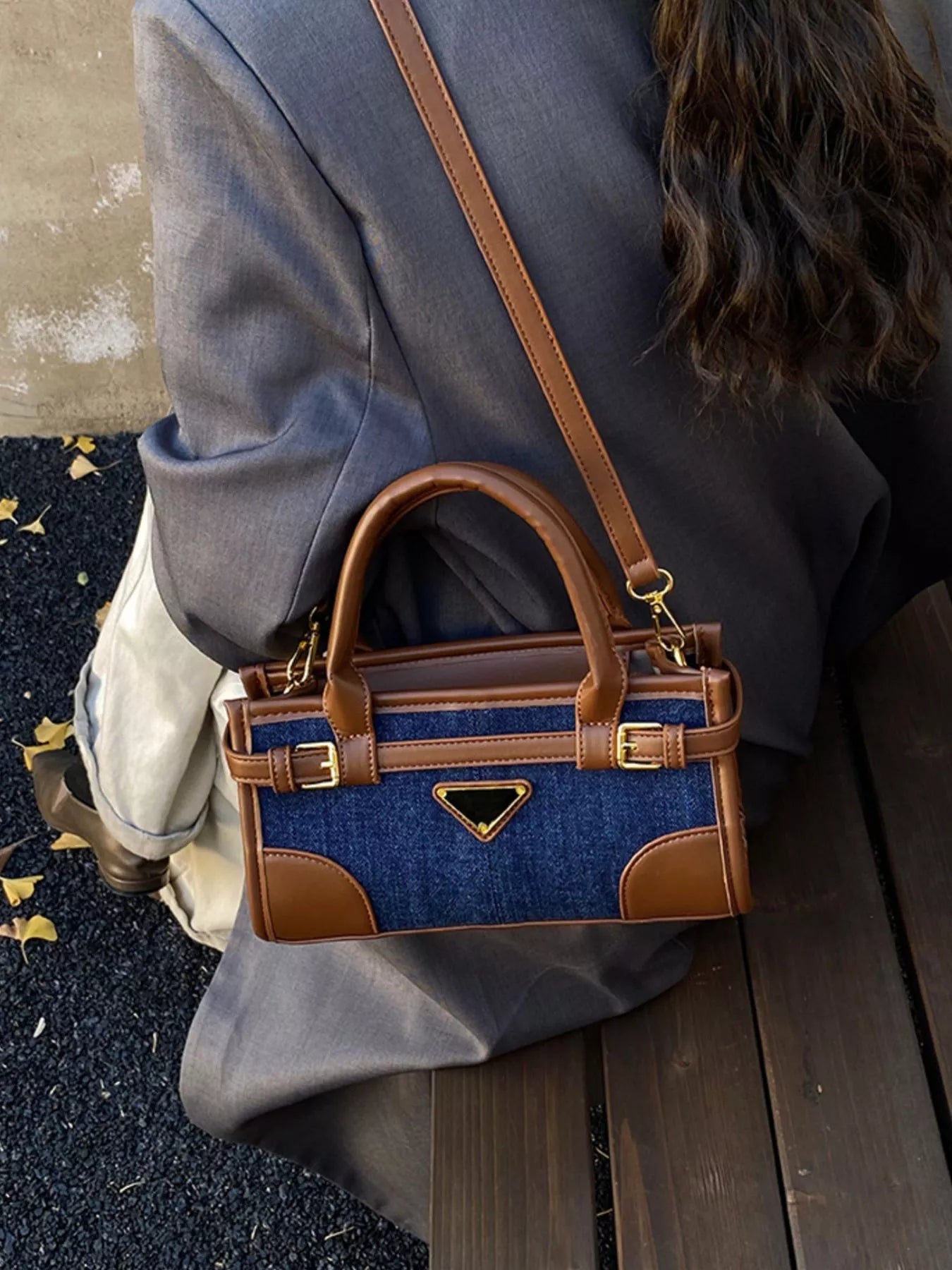 Denim patchwork crossbody bag with buckle detail — additional view 12
