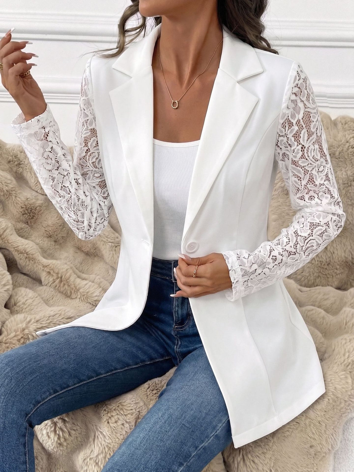 European And American Cross-border 2026 Autumn New Fashion Lapel Slim-fit One-button Blazer With Lace Long-sleeve Patchwork Jacket additional product view