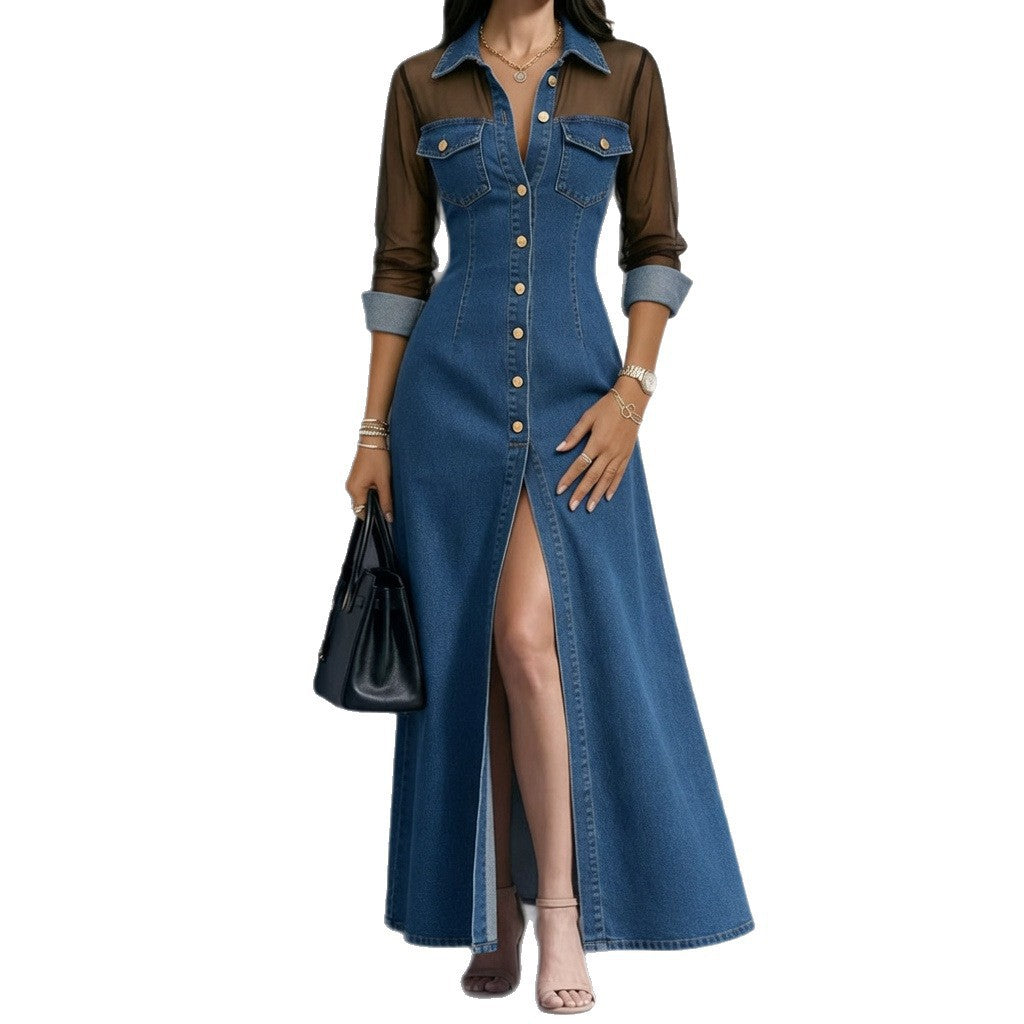 Denim-Look A-Line Patchwork Slit Dress product image