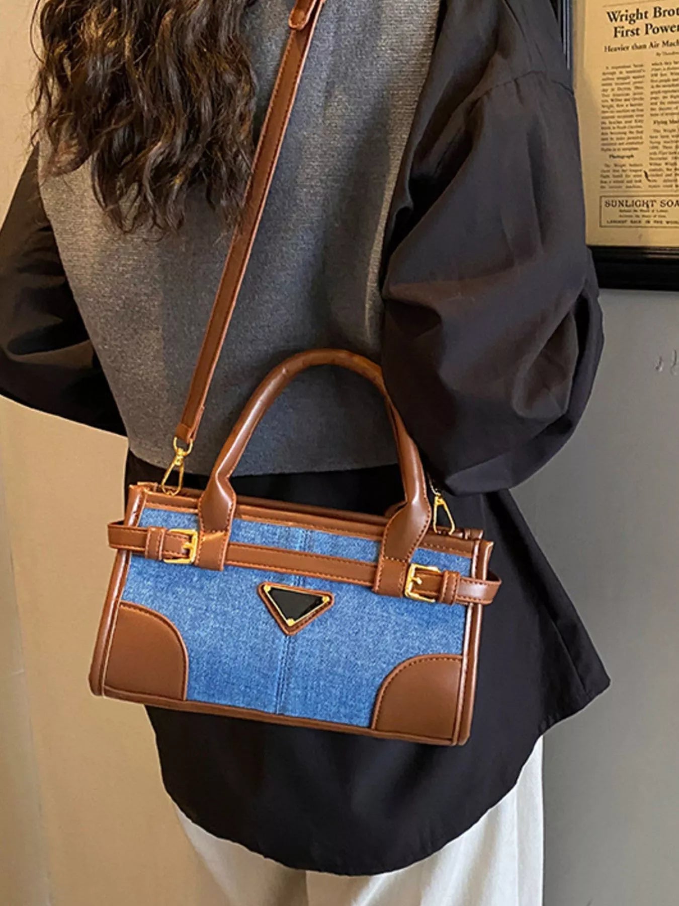 Denim patchwork crossbody bag with buckle detail — additional view 6