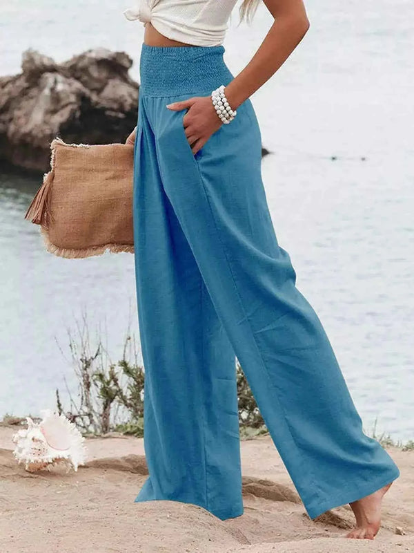 Smocked high-waisted wide-leg pants — additional view 9