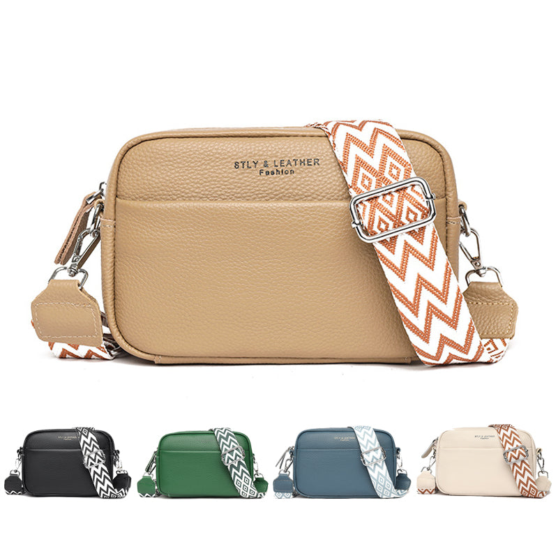 Rhombus Embroidered Crossbody Bag - Genuine Leather Shoulder Bag, front product view