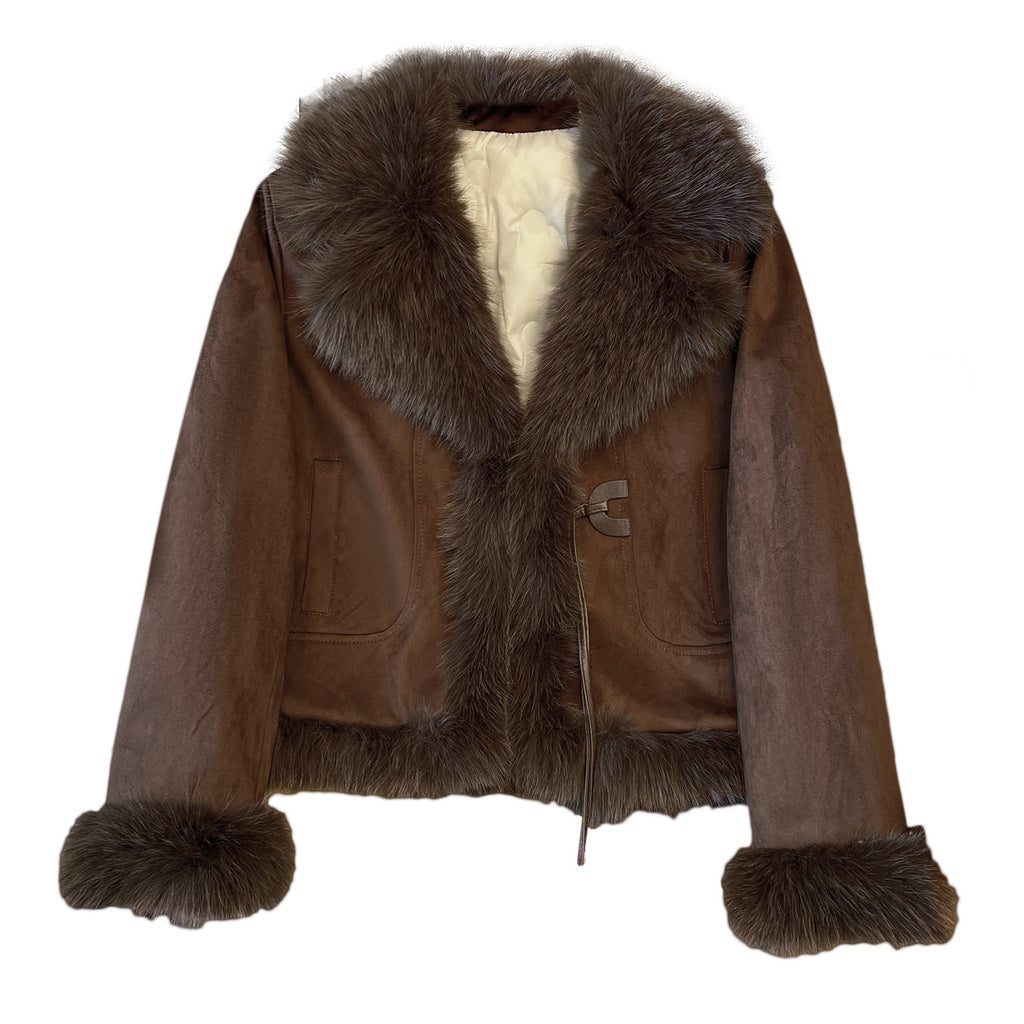 Brown cropped coat with dark plush collar and cuffs on a white background