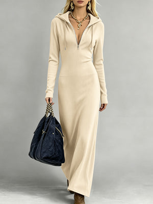 Apricot plus-size hooded half-zip sweater dress for women