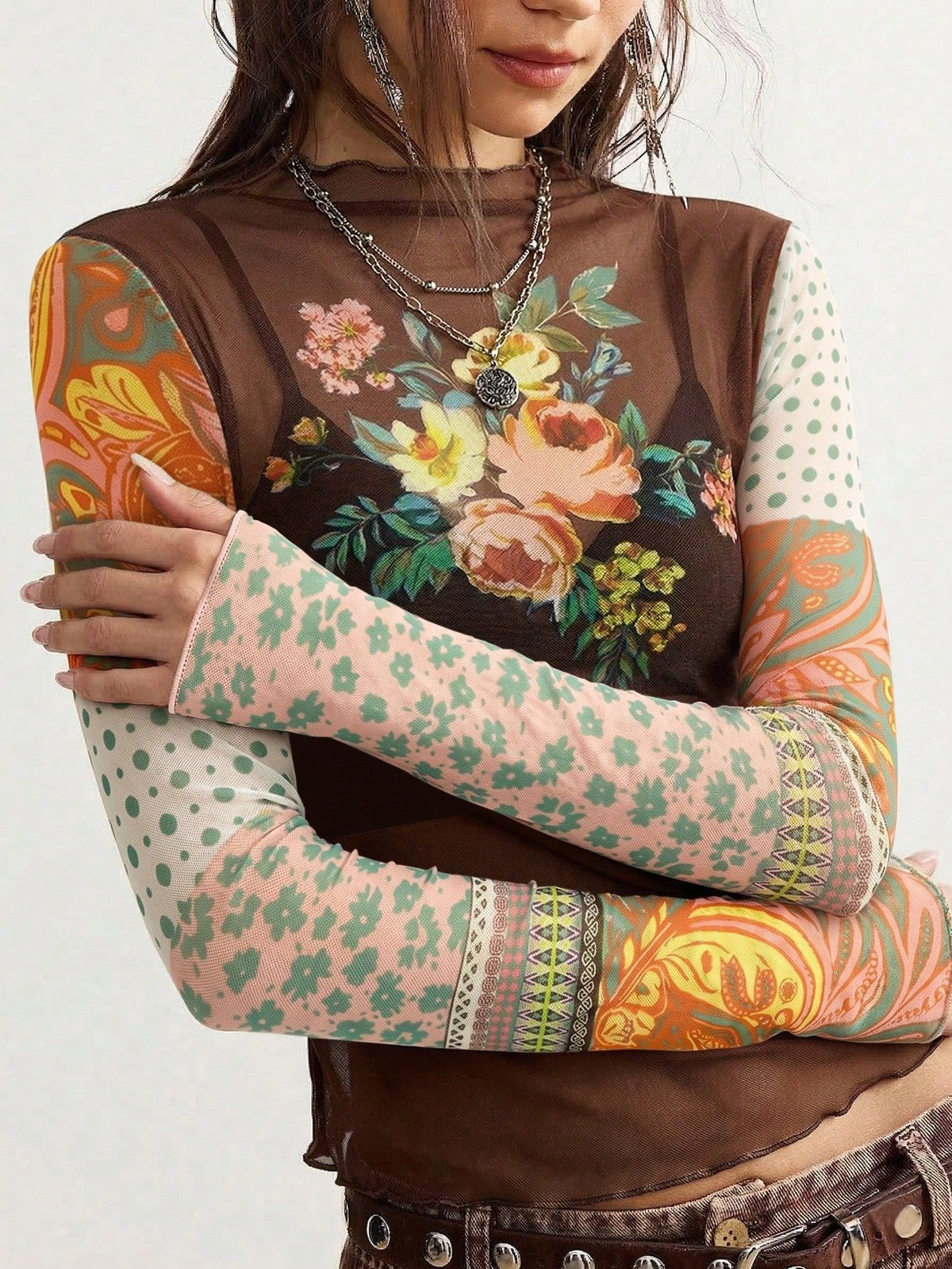 Women's Mesh Print Top - Ruffle Long Sleeve Slim Fit Blouse additional product view