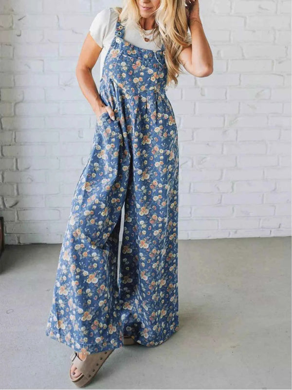 Floral print wide leg denim overalls — additional view 3