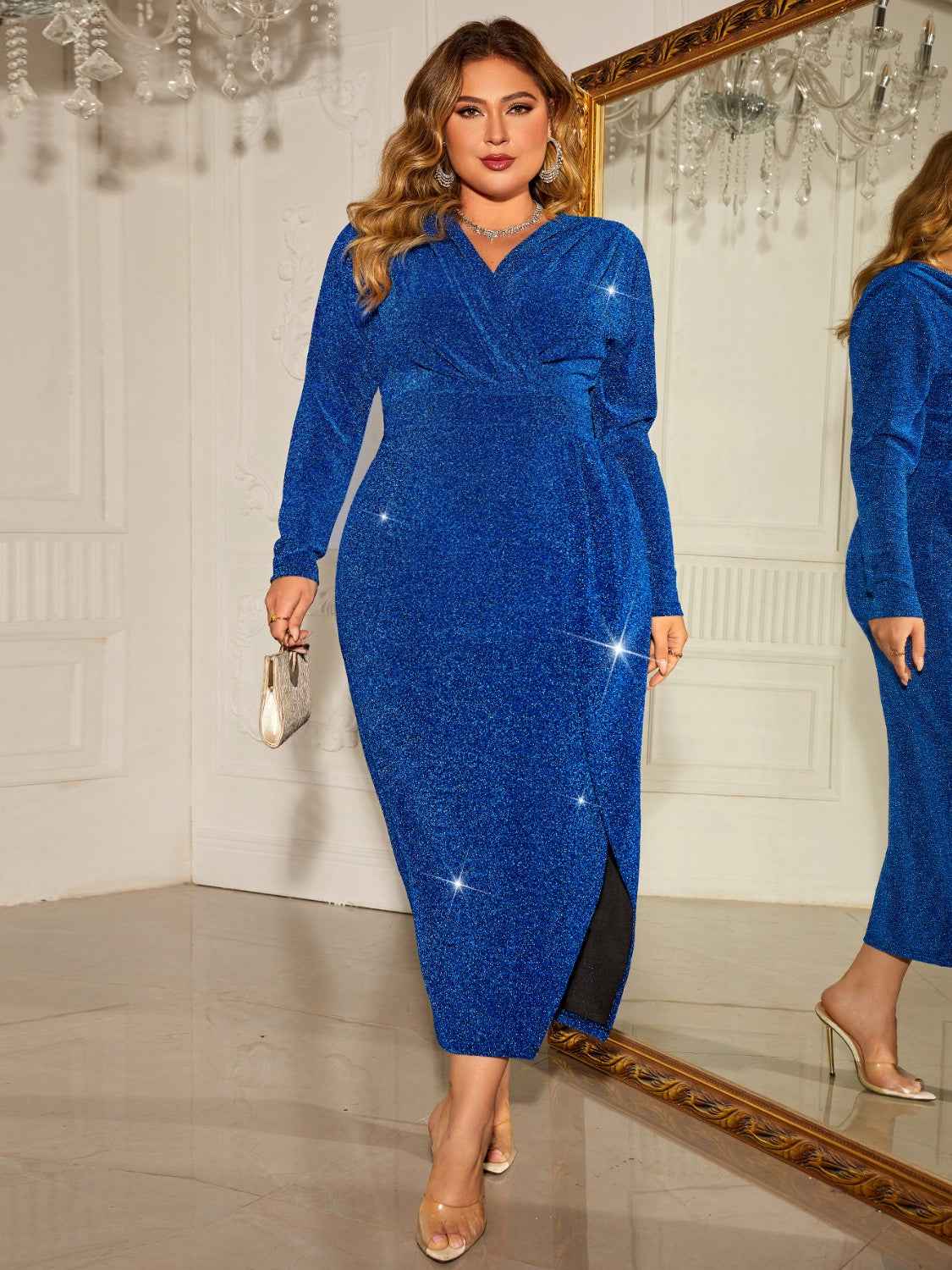 Plus size surplice neck slit dress — additional view 4