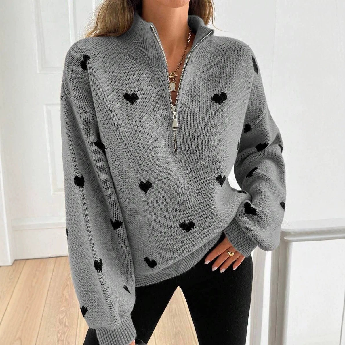 Women's Heart Pattern Knit Zip Sweater-Splashis, alternate view 2