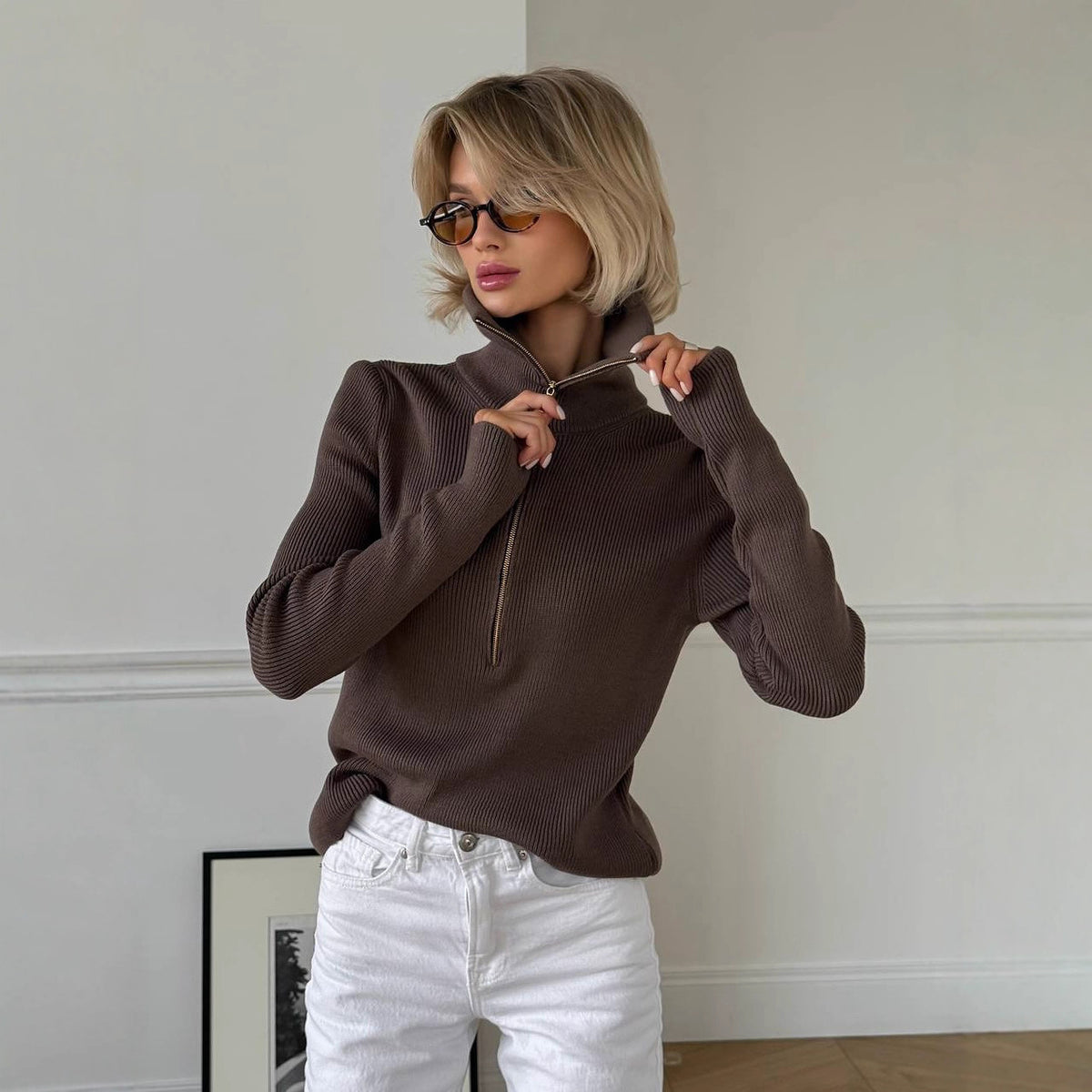 Women's Brown Half-Zip Cotton Sweater – Pullover additional product view
