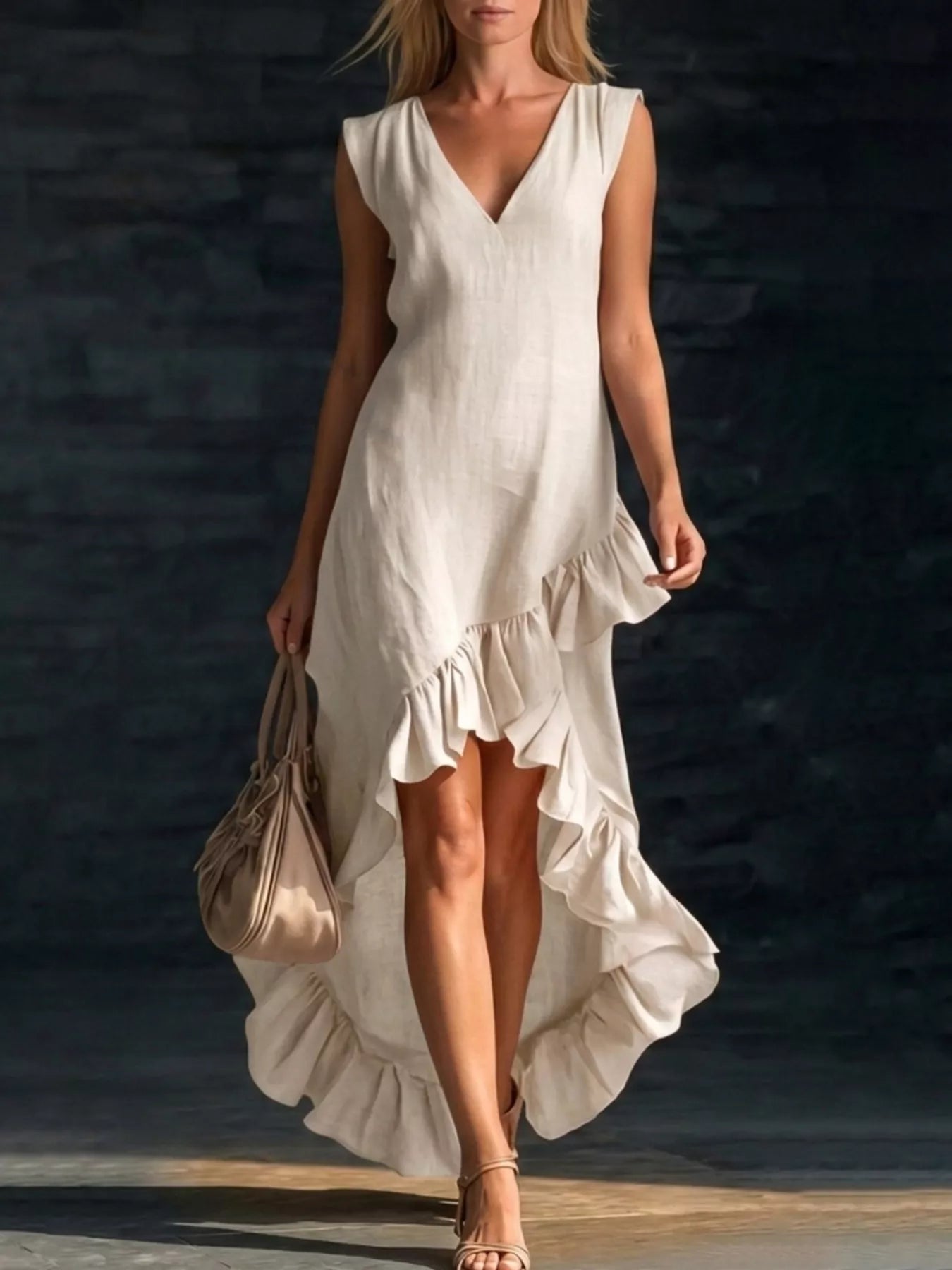 Full Size V-Neck Ruffle Hem High-Low Dress Plus Size — additional view 5