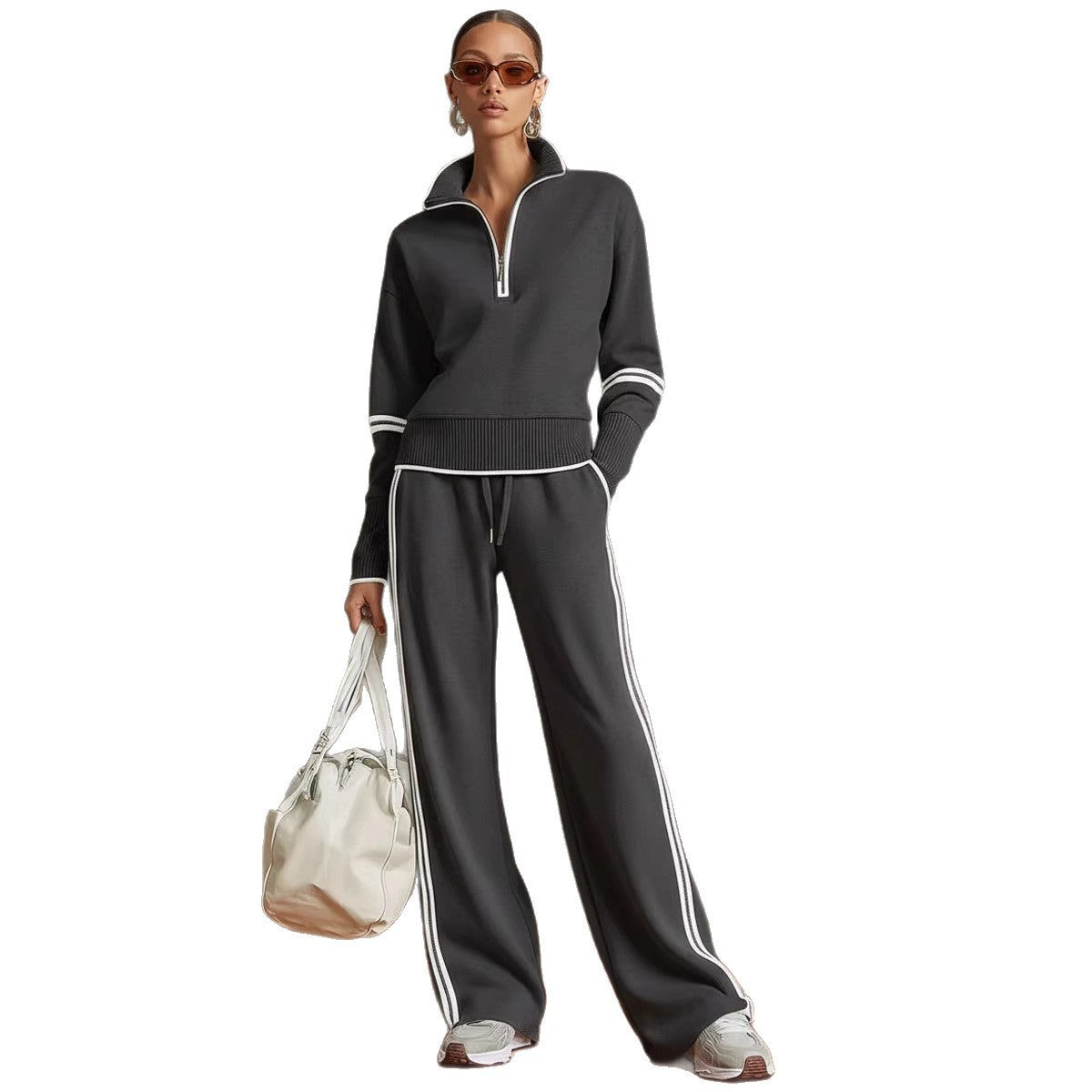 Women's Stand Collar Colour-Block Sweatshirt and Pants Set additional product view