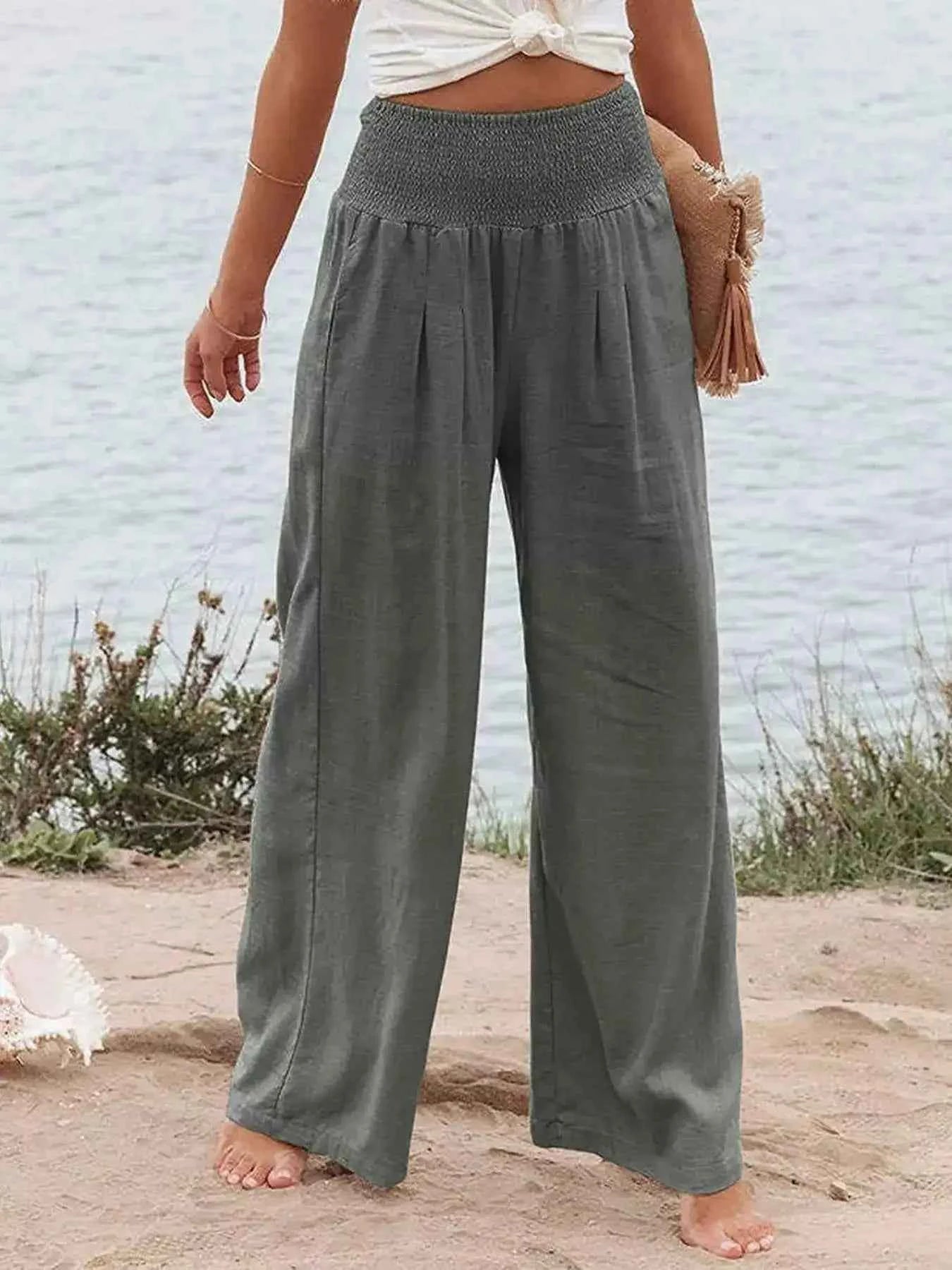 Smocked high-waisted wide-leg pants — additional view 4