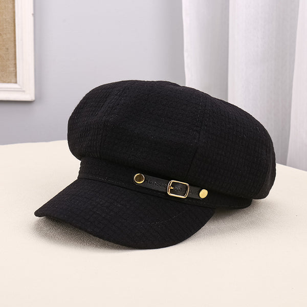 Black pleated octagonal newsboy cap for women