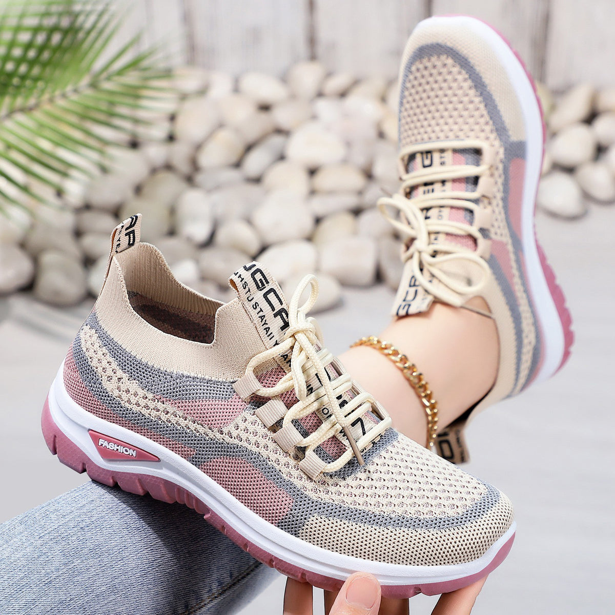 Brick Red mesh lace-up lightweight sneakers for women