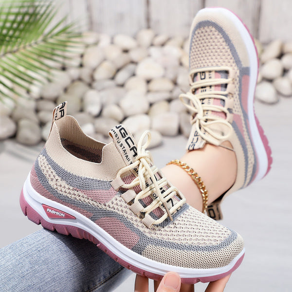Brick Red mesh lace-up lightweight sneakers for women