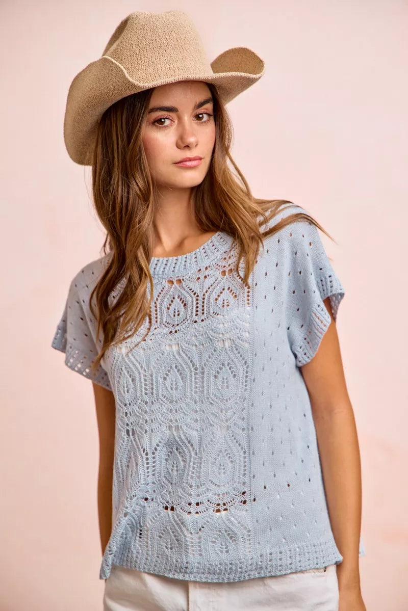 Washed Eyelet Breathable Knit Top-Knit Tops-Splashis-Splashis