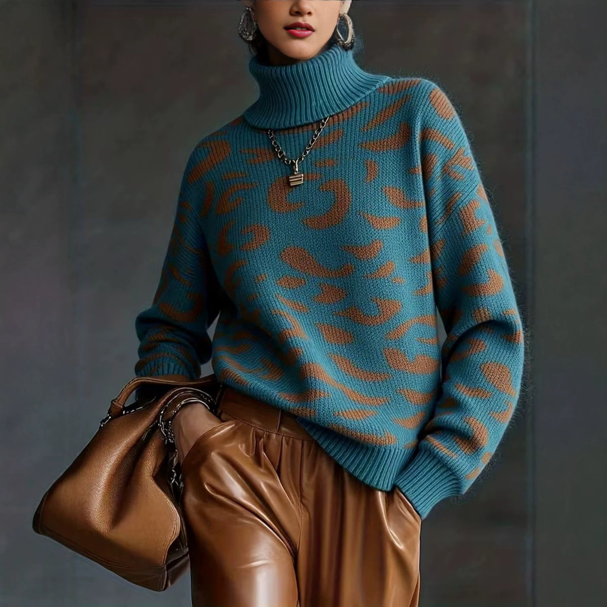 Women's Leopard Print Turtleneck Sweater-Splashis, alternate view 4