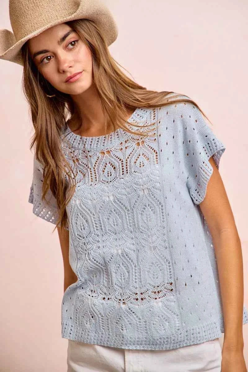 Washed Eyelet Breathable Knit Top-Knit Tops-Splashis-Splashis