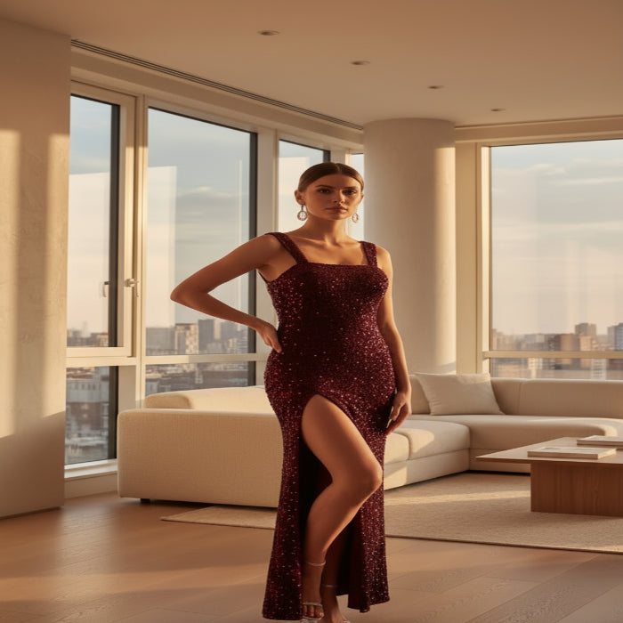 Sequin slit party dress — primary view 主图