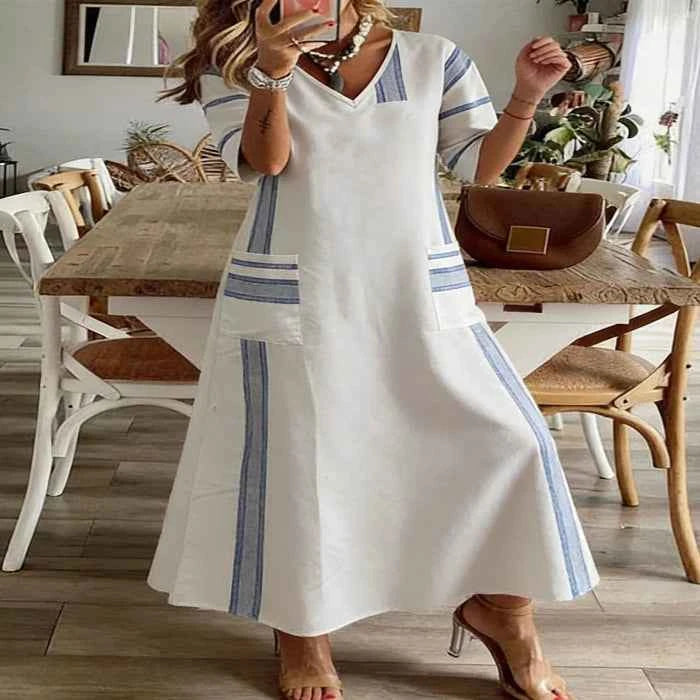 Striped V-neck maxi dress with pockets — primary view