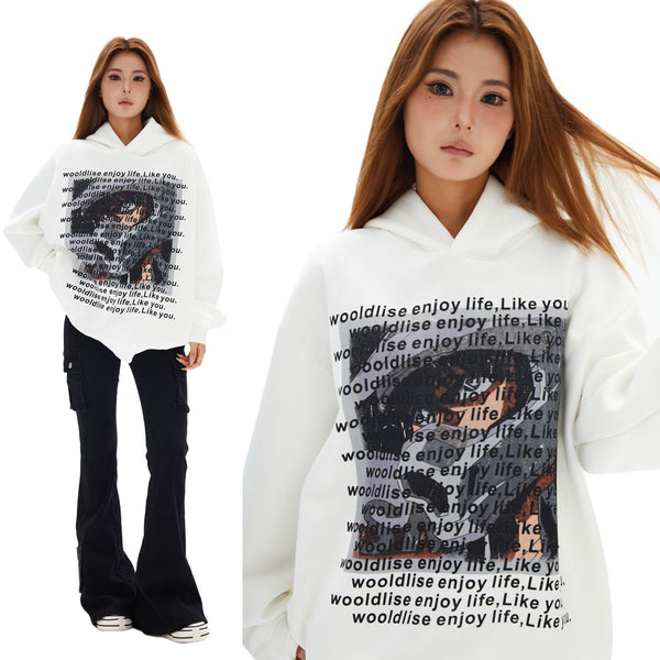 Women's Letter Print Loose Hoodie-Splashis, alternate view 2