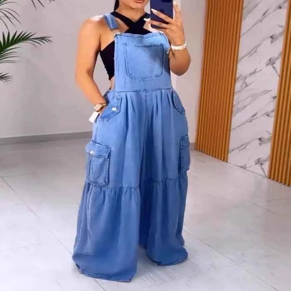 Plus size denim overalls with pockets — primary view