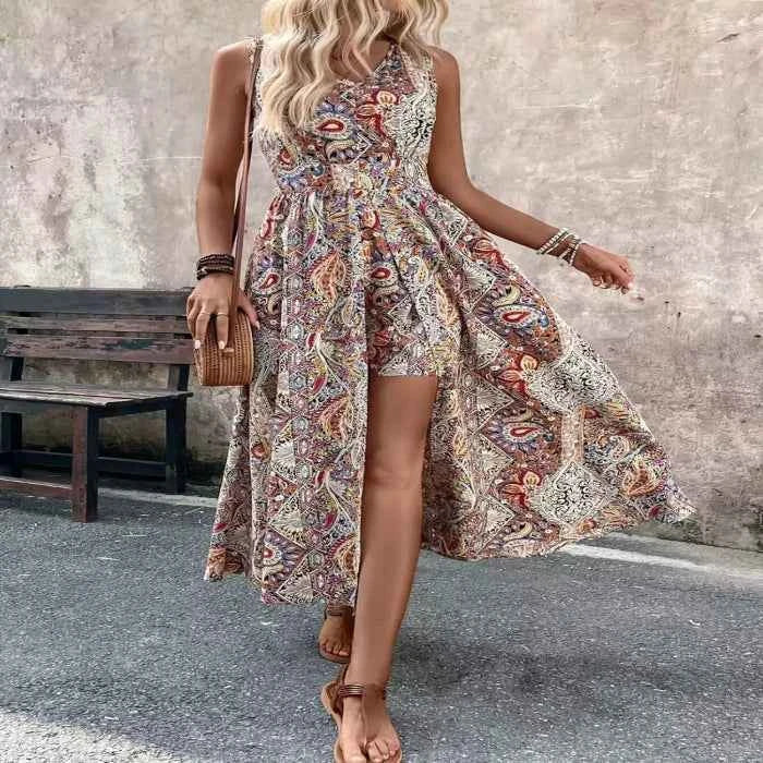 Sleeveless paisley print romper — primary view