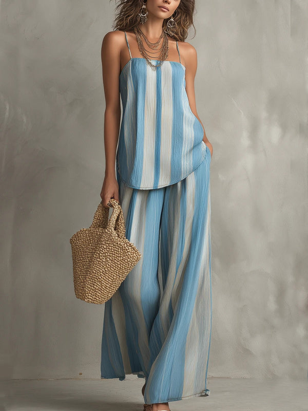 Product detail photo of Striped Strap Wide Leg Pants Set, Two Piece Set, everyday style, striped strap wide leg pants set