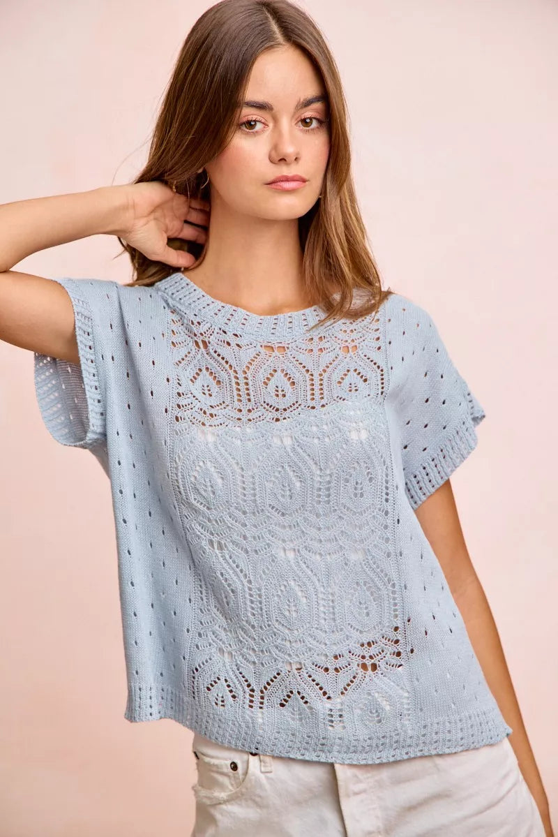 Washed Eyelet Breathable Knit Top-Knit Tops-Splashis-Splashis