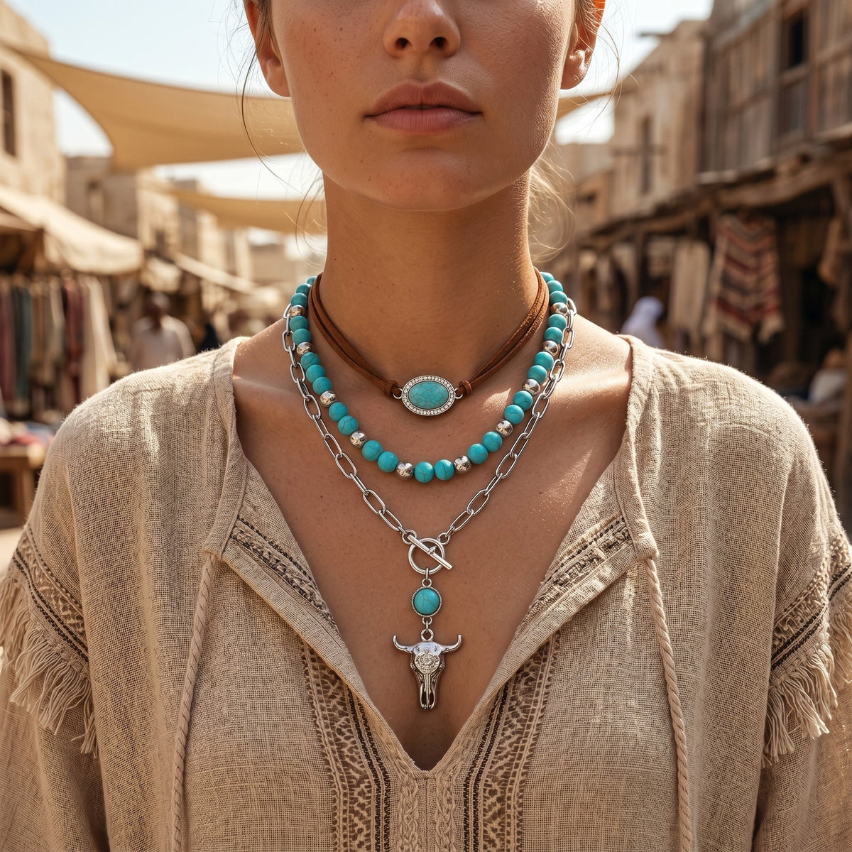 Model wearing layered turquoise-colored beads, a choker and a cross pendant necklace