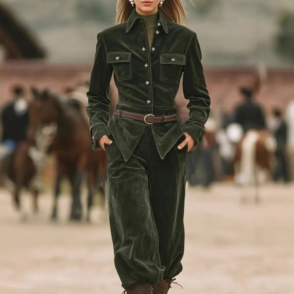 Women's corduroy belted jacket and pants set