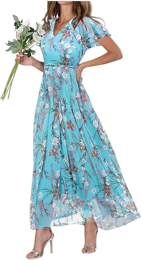 Floral Print Off-Shoulder Chiffon Maxi Dress-Dresses-Splashis-Color:Peacock blue-Size:S-Splashis