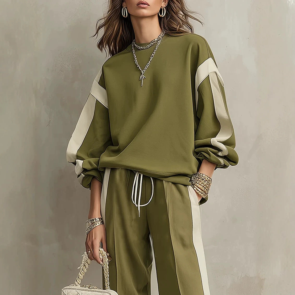 Close-up of olive sweatshirt with cream sleeve panels and matching pants