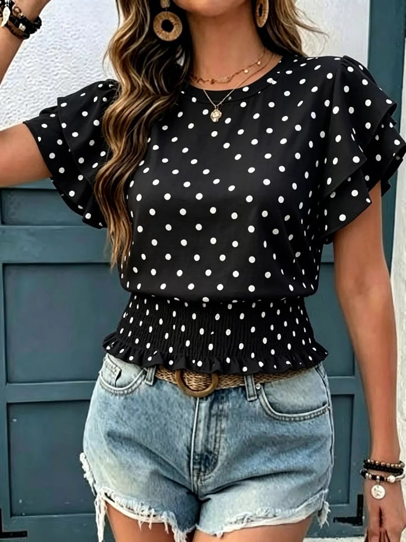 Polka dot ruffle sleeve blouse — additional view 4