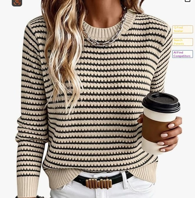Striped Puff-Sleeve Round Neck Sweater – view 9