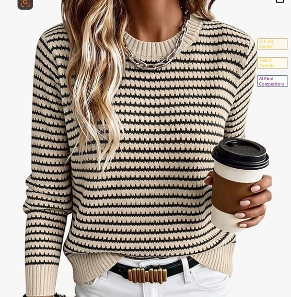 Striped Puff-Sleeve Round Neck Sweater – view 9