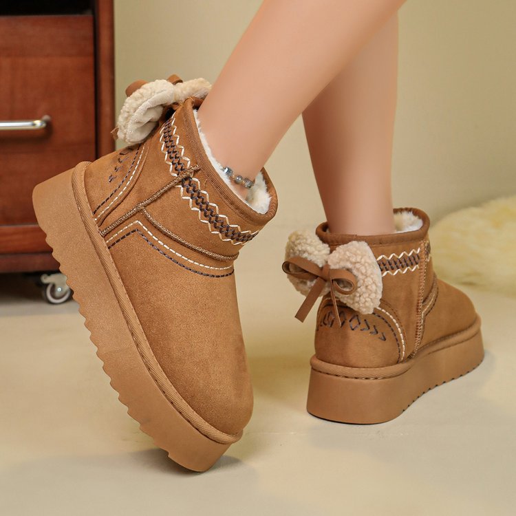 Women's Suede Platform Snow Boots - Brown Fleece Lined Short Boots product image