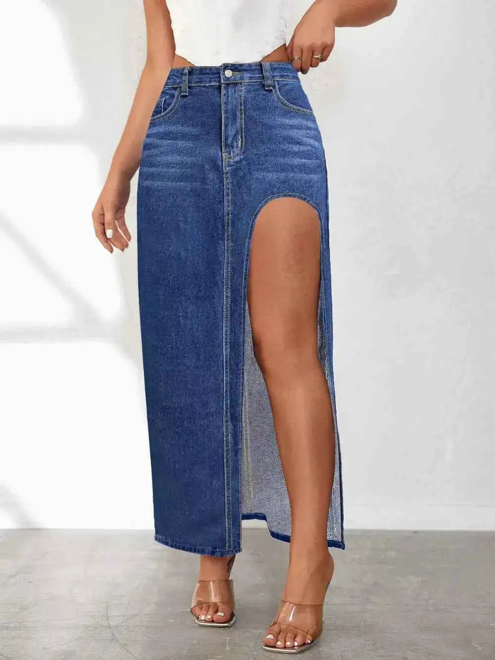 High-rise denim skirt with side slit — additional view 8