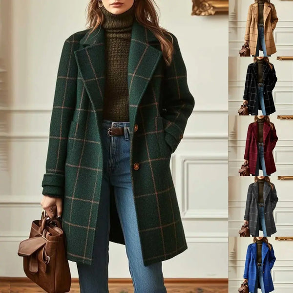 Dark green checked coat alongside charcoal, burgundy and blue color options
