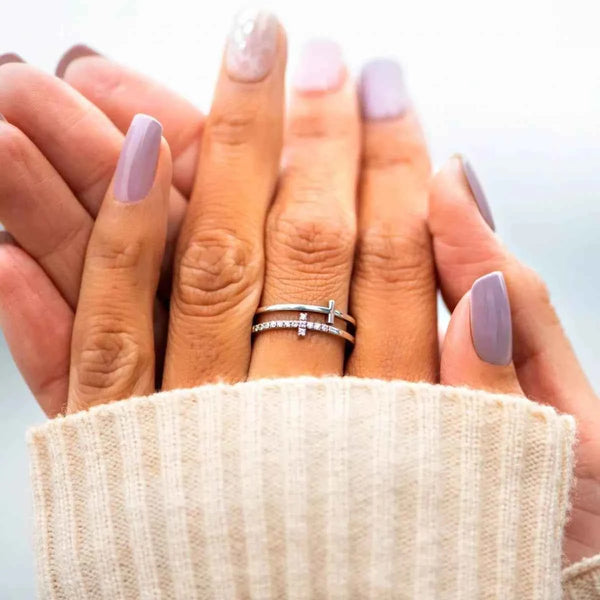 Double band zircon cross ring in silver-plated alloy — additional view 3