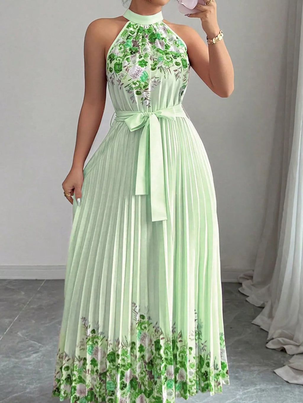 Halter Neck Floral Print Pleated Maxi Dress — additional view 5