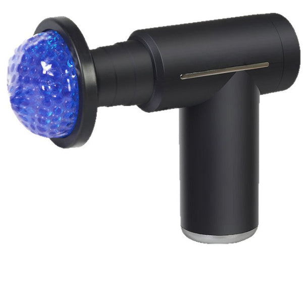 A handheld massage gun with a matte black body and a textured blue crystal ball head, shown on a plain white background.