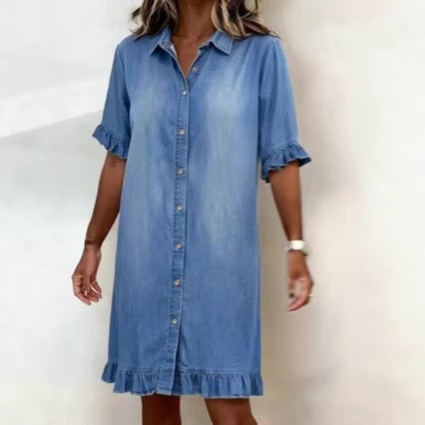Main product photo of Washed Single Breasted Denim Dress, washed single breasted denim dress, everyday style