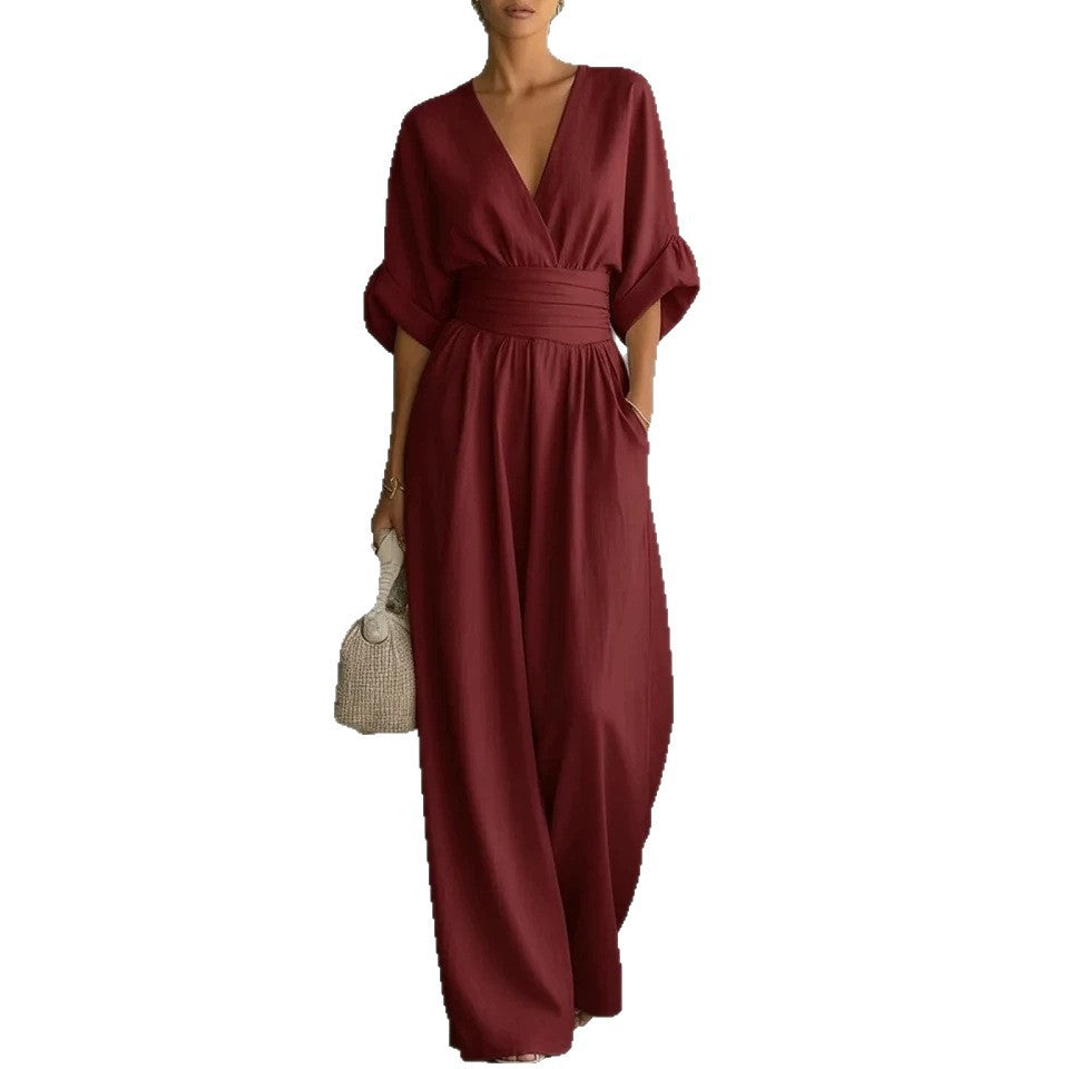 Short-sleeve V-neck wide-leg jumpsuit product image