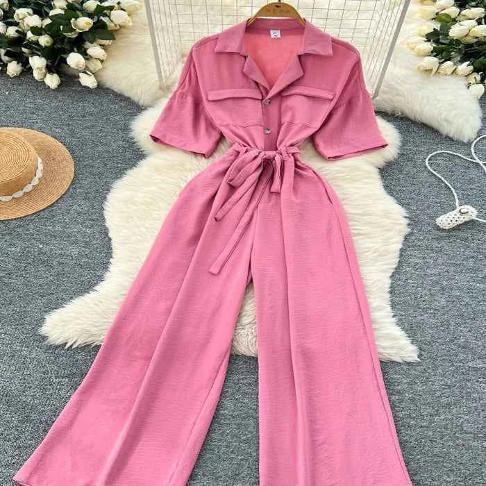 Belted tie waist wide leg jumpsuit — primary view