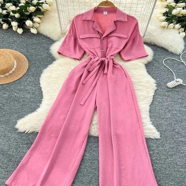 Belted tie waist wide leg jumpsuit — primary view
